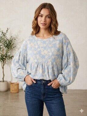 Entro Light Blue and Cream Abstract Print Peasant Tunic